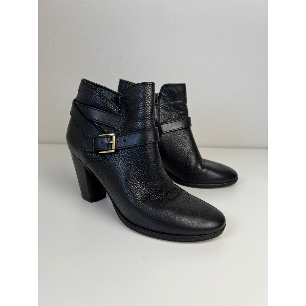 Cole Haan Black Leather Moto Ankle Booties Block Heel Buckle W05182 Womens 7.5B‎